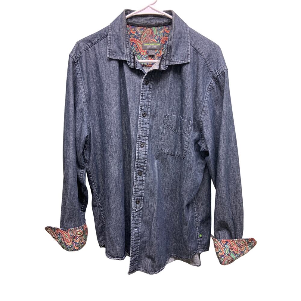 John Bartlett Consensus Blue Denim Elbow Patch Shirt Paisley Print Inner Size L